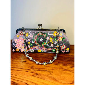 Vintage Gray with Colorful Embroidered Flowers Clutch